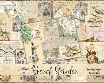 May include: Five collage sheets with a French garden theme. The sheets feature images of flowers, birds, butterflies, and vintage text. The text includes the words "Superior Cologne", "Cacao Payraud", and "French Garden".