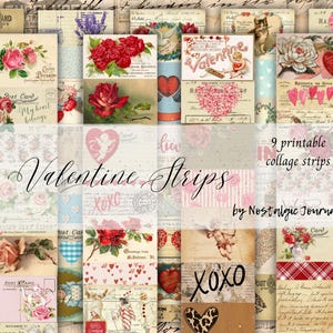 Printable VALENTINE STRIPS, Vintage Ephemera Digital Download for Junk Journals, 66 Vintage Style Collage Snippets