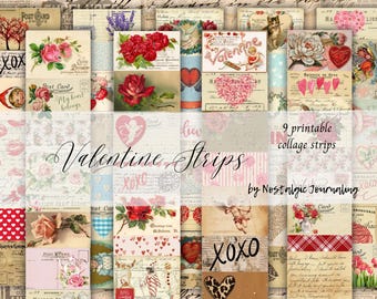 Printable VALENTINE STRIPS, Vintage Ephemera Digital Download for Junk Journals, 66 Vintage Style Collage Snippets