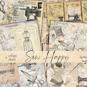 May include: A digital collage sheet set with a vintage sewing theme. The sheets feature images of sewing machines, buttons, spools of thread, and other sewing-related items. The text "Sew Happy" is featured on the collage sheets.