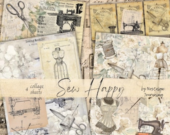 May include: A digital collage sheet set with a vintage sewing theme. The sheets feature images of sewing machines, buttons, spools of thread, and other sewing-related items. The text "Sew Happy" is featured on the collage sheets.