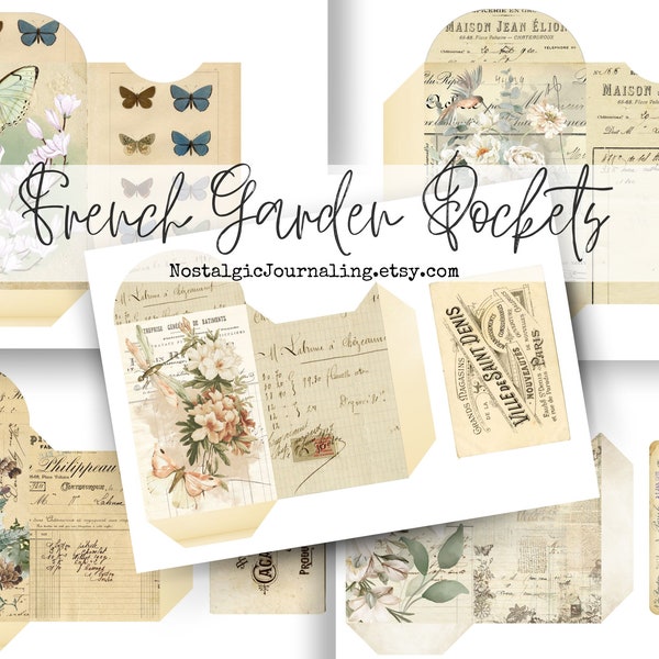 FRENCH GARDEN Digital Junk Journal Download Pockets, French Garden Collection Add On, Vintage Digital Kit French Ephemera, Seed Packet Style