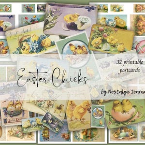 Cartões-postais imprimíveis de pintinhos da Páscoa, download digital de itens vintage para diários de arte, 32 cartões em estilo vintage.