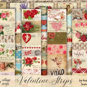 BANDES DE LA SAINT-VALENTIN en téléchargement numérique, étiquettes de journal éphémères vintage, étiquettes, plis, bandes de collage de style vintage, extraits de la Saint-Valentin