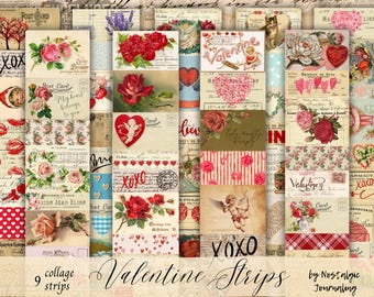 VALENTINE STRIPS Digital Download, Vintage Ephemera Junk Journal Tags, Labels, Tucks, Vintage Style Collage Strips, Valentine Snippets