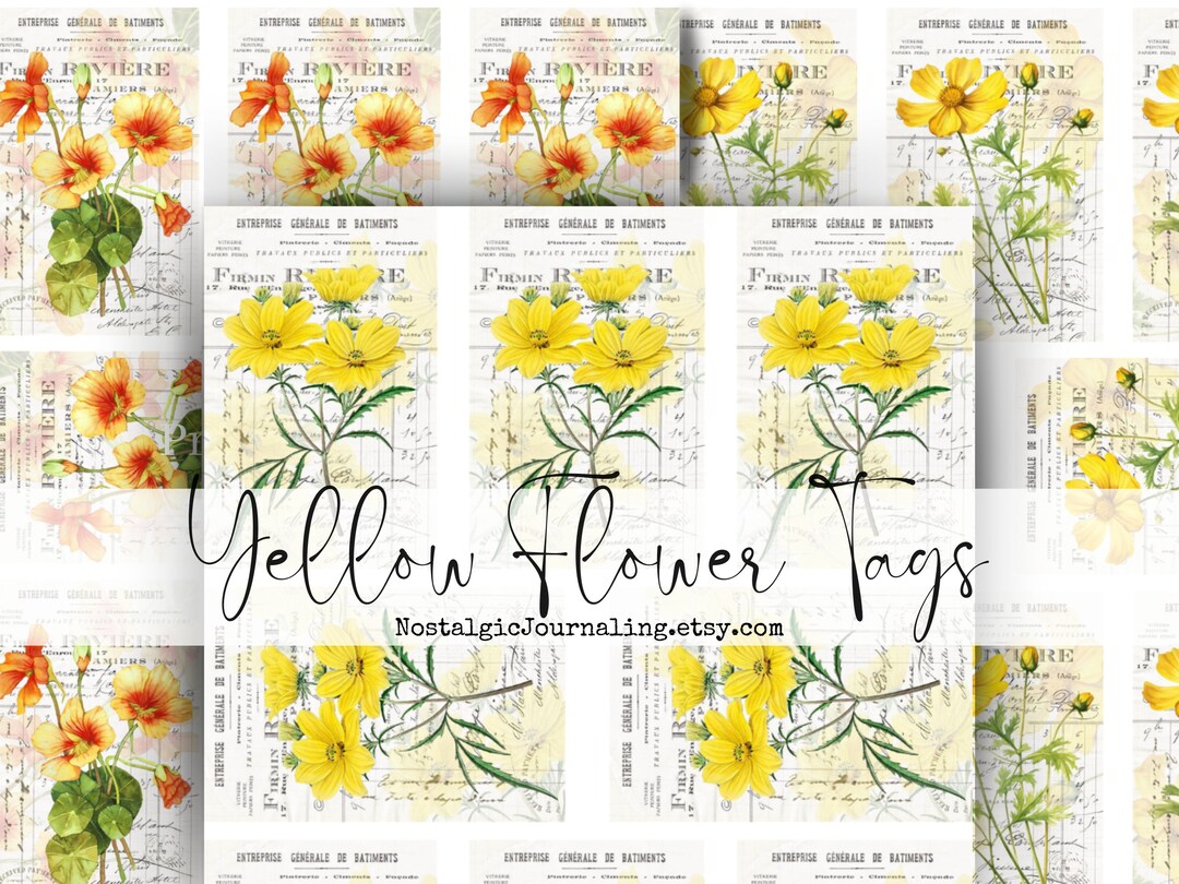 YELLOW FLOWER TAGS Digital Download, Vintage Printable Sunny Yellow ...