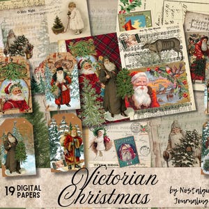 Collezione di carta da scaricare digitale NATALE VITTORIANO per diari spazzatura, 19 pagine di fogli di collage e tag stampabili vintage, Natale del vecchio mondo