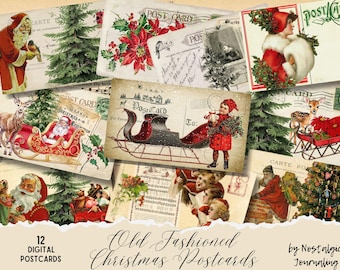 OLD FASHIONED CHRISTMAS Postcards Digital Download For Junk Journals, 12 Vintage Printable Postcards, Tags, Tucks, Cards Old World Christmas