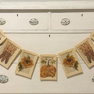 May include: A fall-themed banner with images of a turkey, a pilgrim, gloves, a sunflower, and a pumpkin. The banner is strung across a white dresser with silver hardware. The images are printed on pages from a book.