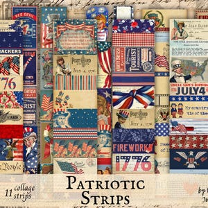 BANDES DE COLLAGE PATRIOTIQUE en téléchargement numérique, extraits éphémères vintage pour journaux indésirables, coupes difficiles du 4 juillet, étiquettes de la fête de l'indépendance