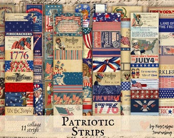 Puede incluir: Un collage de 11 tiras patrióticas con diseños vintage. Las tiras presentan colores rojo, blanco y azul, con imágenes de banderas, el Tío Sam y texto histórico. Las palabras "Patriotic Strips" se muestran en la parte inferior.