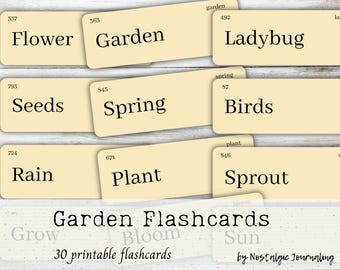 GARDEN FLASHCARDS Digital Download, 12 Large Vintage Inspired Printable Word Flashcards in Manilla & Ink Saver Versions, Farmhouse Decor