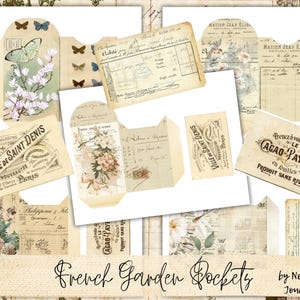 FRANZÖSICHER GARTEN Taschen Digitaler Junk Journal Download, Französischer Garten Sammlung Add-On, Vintage Digital Kit Französische Ephemera, Samenpaketstil