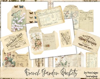 May include: A set of vintage-style printable pocket cards featuring floral designs and text in French. The cards are perfect for scrapbooking, journaling, or card making.