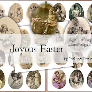 印刷可能なイースター・ファジーカット、「JOYOUS EASTER」ヴィンテージ卵型エフェメラ（ジャンクジャーナル用デジタルダウンロード）、アンティークビクトリア朝風画像30枚