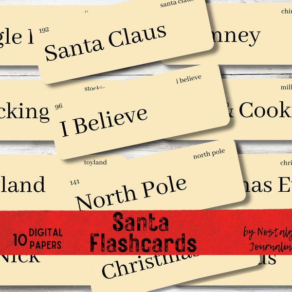 KERSTMAN FLASHCARDS Digitale download, 12 grote vintage geïnspireerde woordflashcards, zowel Manilla als Ink Saver, boerderijdecor, afdrukbare kerst