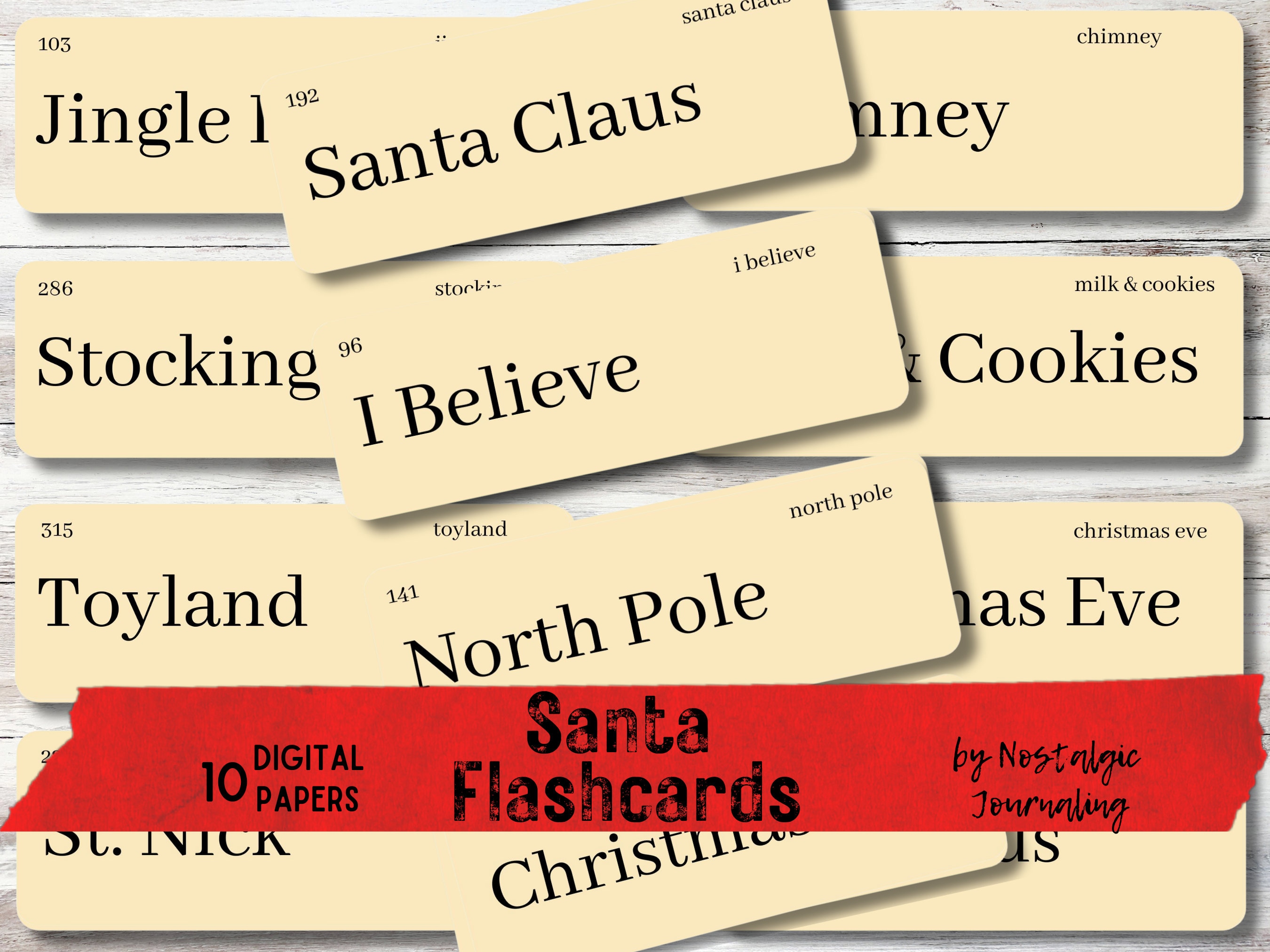 SANTA FLASHCARDS Digital Download, 12 Large Vintage Inspired Word Flashcards Both Manilla & Ink Saver, Farmhouse Decor, Printable Christmas