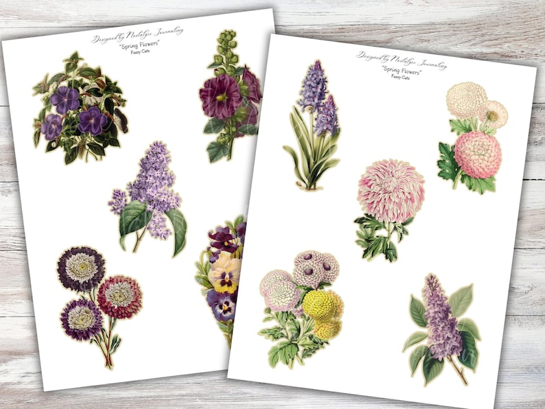 Peut inclure: Deux feuilles de papier avec des illustrations florales vintage. Les motifs comprennent diverses fleurs dans les tons de violet, rose, jaune et blanc. Le texte en haut indique "Designed by Nathalie Journaling" et "Spring Flowers".