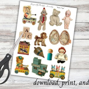 May include: A sheet of paper with vintage toy images, including a teddy bear, doll, and toy train. The text "Retro Toys" is at the top. The words "download, print, and cut" are at the bottom. A pair of scissors is on the left.