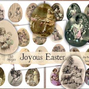 OSTERN Fussy Schnitte Digitaler Download, "JOYOUS EASTER" Ei geformt druckbare Vintage Junk Journal Bilder, Ostermützen, Kinder, Körbe Eier