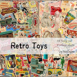 Puede incluir: Un collage de imágenes de juguetes retro, que incluyen un tren de juguete, un mono de calcetín, un oso de peluche y una muñeca. El texto "Retro Toys" se muestra en el centro. El collage incluye 44 imágenes recortadas y 4 hojas de collage.