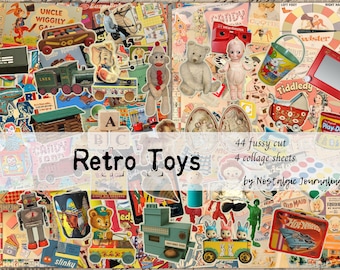 Printable RETRO TOYS, Vintage Children's Toys Digital Download for Junk Journals, 44 Fussy Cuts, 4 Collage Sheets, Classic Toys & Boardgames