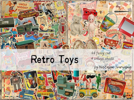 Printable RETRO TOYS, Vintage Children's Toys Digital Download for Junk Journals, 44 Fussy Cuts, 4 Collage Sheets, Classic Toys & Boardgames