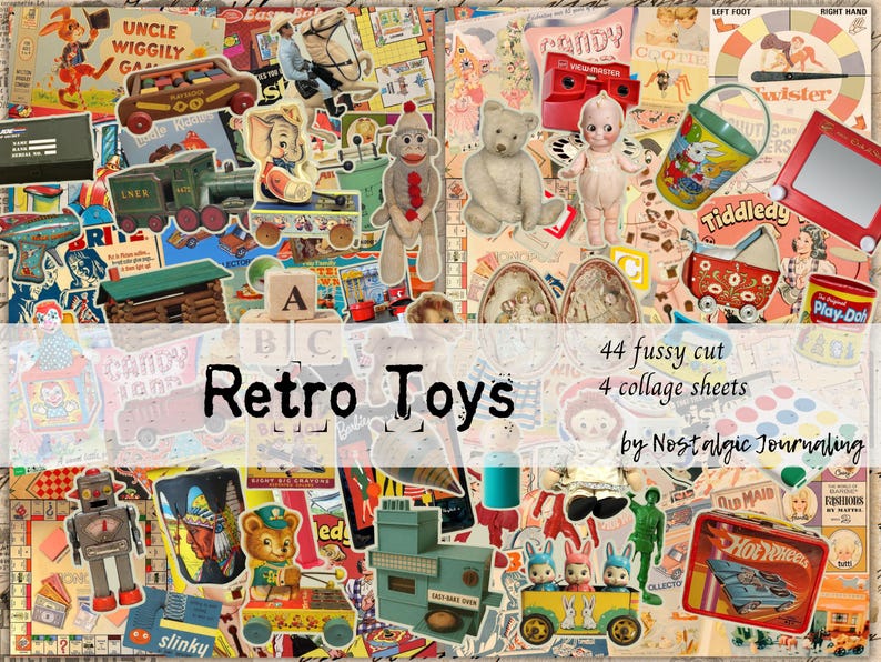 May include: A collage of vintage toy images, including a toy train, a sock monkey, a teddy bear, and a doll. The text "Retro Toys" is displayed across the center. The collage includes 44 fussy cut images and 4 collage sheets.
