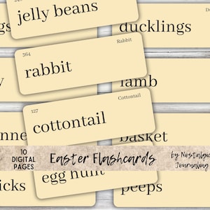 OSTER FLASHCARDS Digital Download, 12 große Vtg inspiriert druckbare Wort Karteikarten Manilla & Ink Saver, Eiersuche, Mütze, Korb, Kaninchen