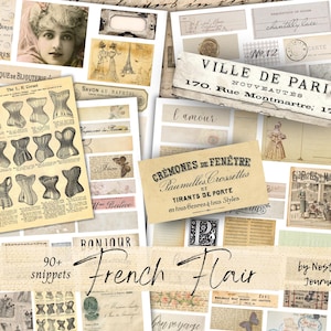 FRANSE FLAIR Snippets digitale download, kortstondige junk Journal kieskeurige bezuinigingen, vintage Franse kortstondige, afdrukbare Franse digitale kit, tags, labels