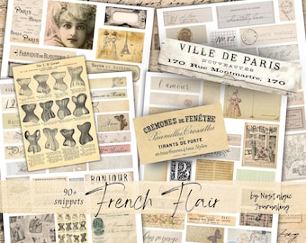 FRENCH FLAIR Snippets Digital Download, Ephemera Junk Journal Fussy Cuts, Vintage French Ephemera, Printable French Digital Kit, Tags Labels