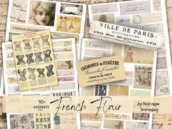 FRENCH FLAIR Snippets Digital Download, Ephemera Junk Journal Fussy Cuts, Vintage French Ephemera, Printable French Digital Kit, Tags Labels