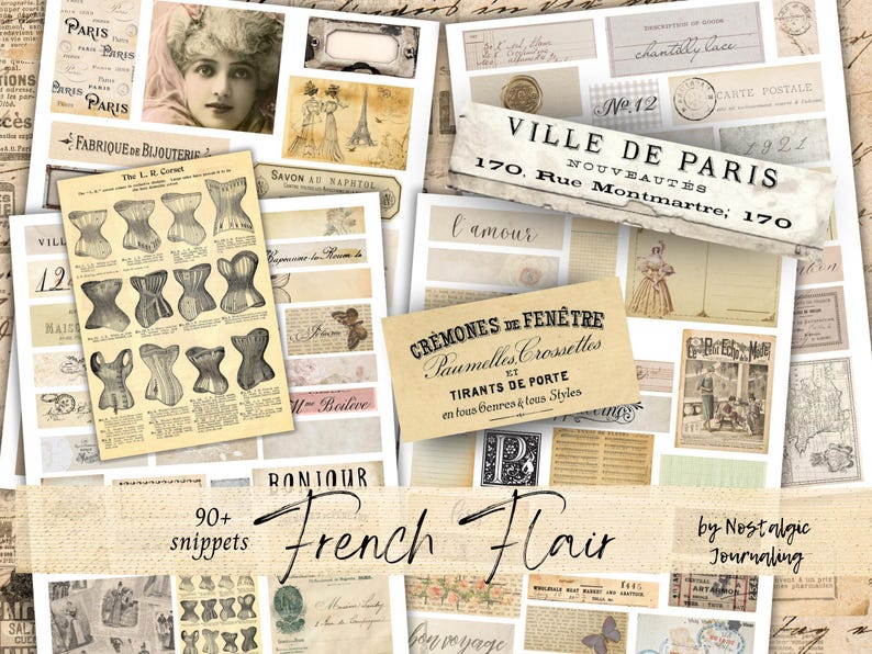 Puede incluir: Un collage digital de im&aacute;genes vintage con tem&aacute;tica francesa. El collage incluye im&aacute;genes de cors&eacute;s, se&ntilde;ales de calles parisinas y texto en franc&eacute;s. El texto "90+ snippets French Flair" est&aacute; en la parte inferior del collage.