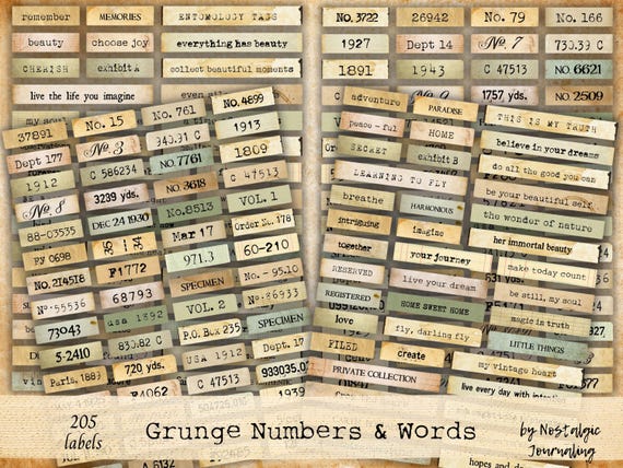 Printable GRUNGE NUMBERS & WORDS, Digital Junk Journaling Download, Labels, Collage Ephemera Snippets, Embellishments, Layering, Clusters