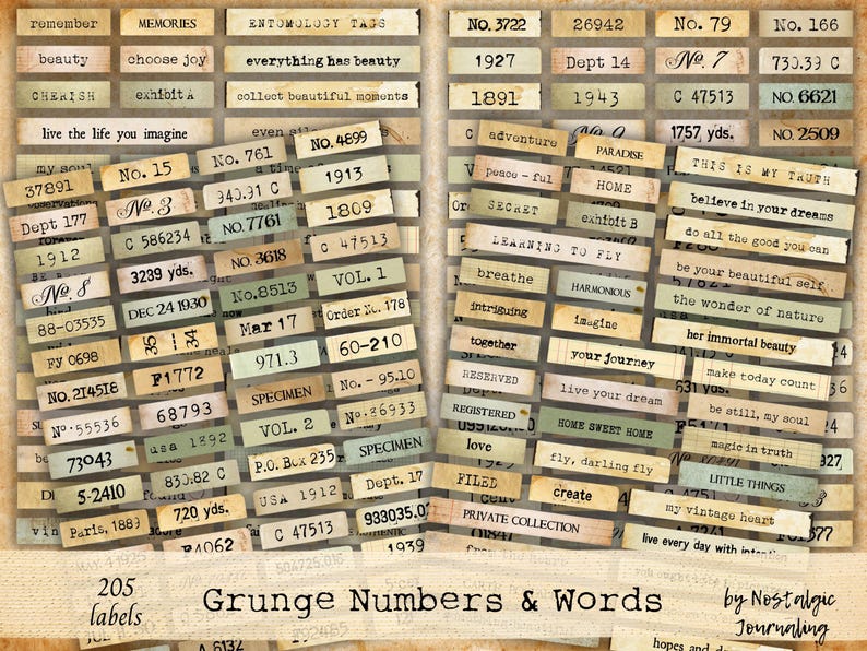 May include: A collection of 205 vintage-style labels with numbers and words printed on them. The labels are in various colours, including brown, green, yellow, and white. The labels are arranged in a grid pattern on a beige background. The text on the labels includes words like "remember", "beauty", "choose joy", "everything has beauty", "collect beautiful moments", "live the life you imagine", "adventure", "paradise", "peace-ful", "home", "learn", "to fly", "breathe", "harmonious", "intriguing", "imagine", "together", "reserved", "registered", "love", "filed", "private collection", "create", "fly, darling fly", "your journey", "live your dream", "home sweet home", "her immortal beauty", "make today count", "be still, my soul", "magic in truth", "little things", "my vintage heart", "live every day with intention", "hopes and dreams", and "Grunge Numbers & Words".