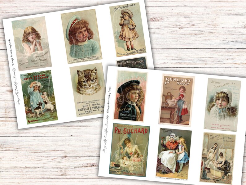 May include: A collection of vintage advertising cards featuring illustrations of children, animals, and product advertisements. The cards display a variety of colors and styles, with text such as "Sunlight Soap" and "Glenwood". The cards are arranged on a light wood surface.