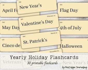 Yearly HOLIDAYS FLASHCARDS Digital Download, 30 Large Printable Vtg Inspired Word Flashcards, Manilla & Ink Saver, Calendar, Farmhouse Decor