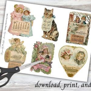 May include: A sheet of vintage advertising cards featuring illustrations of children, angels, and a cat. The cards include calendar images and text such as "Chocolat GIRY Marseille" and "Hood's Sarsaparilla Calendar". The sheet also includes the text "download, print, and cut".