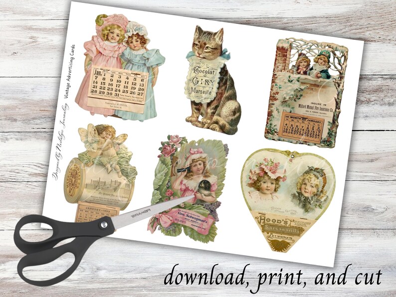 May include: A sheet of vintage advertising cards featuring illustrations of children, angels, and a cat. The cards include calendar images and text such as "Chocolat GIRY Marseille" and "Hood's Sarsaparilla Calendar". The sheet also includes the text "download, print, and cut".