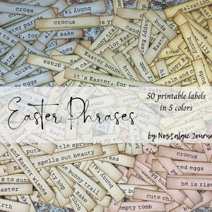 Printable EASTER PHRASES, Vintage Digital Download for Junk Journaling Words, 50 Labels in 5 Different Colors