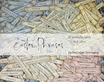Printable EASTER PHRASES, Vintage Digital Download for Junk Journaling Words, 50 Labels in 5 Different Colors