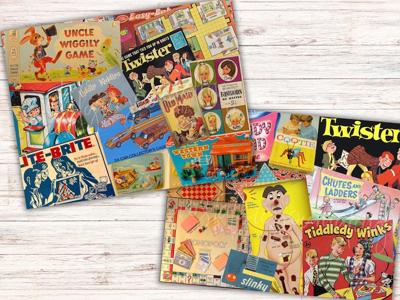 May include: A collection of vintage board games, including "Uncle Wiggily Game," "Twister," and "Monopoly." The game boxes feature colorful illustrations and text, with a variety of themes and designs. The games are arranged on a light wood-grain surface.
