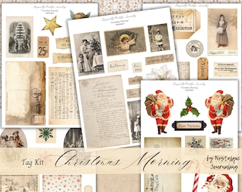 Kit de etiquetas digitales MAÑANA DE NAVIDAD, descarga para diarios basura, 5 hojas imprimibles vintage para etiquetas, fundas o tarjetas de bricolaje Navidad victoriana