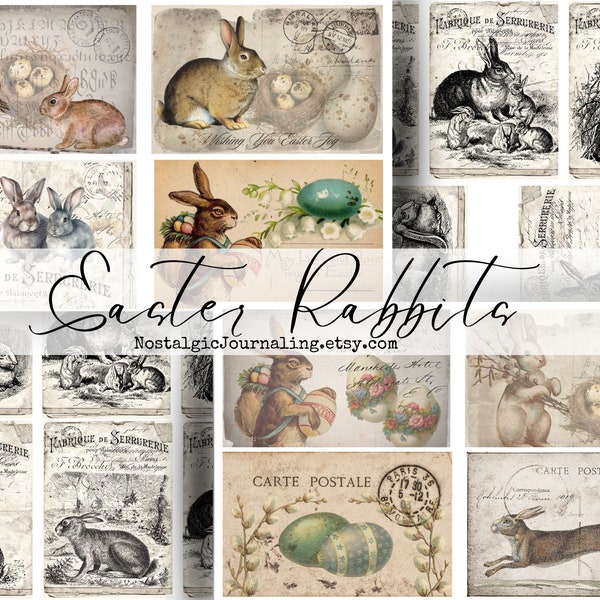 EASTER RABBITS Digital Download Postcards, Printable Junk Journal Tucks, Vintage Easter Ephemera, Easter Tags Download, Digital Easter Kit