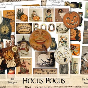 May include: A collage of vintage Halloween-themed images, including jack-o'-lanterns, witches, owls, and a Ouija board. The images are in various sizes and styles, with a sepia-toned color palette. The text "Hocus Pocus" is displayed at the bottom.