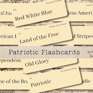 PATRIOTTISCHE FLASHCARDS Digitale download, 12 grote vintage geïnspireerde woordflashcards Manilla & Ink Saver, boerderijdecor, afdrukbaar 4 juli