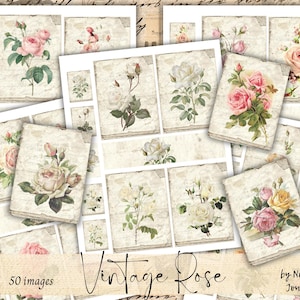 VINTAGE ROSE Digital Download, Printable French Rose Ephemera for Junk Journals, Tags, Strips, Cards, Pink & White Rose Feminine Digital Kit