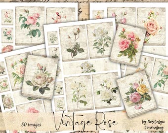 VINTAGE ROSE Digital Download, Printable French Rose Ephemera for Junk Journals, Tags, Strips, Cards, Pink & White Rose Feminine Digital Kit