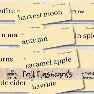 HERFSTFLASHCARDS Digitale download, 12 grote vintage geïnspireerde woordflashcards Manilla & Ink Saver, boerderijdecor, herfst, hooiberg, vreugdevuur