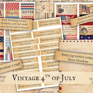4 JUILLET téléchargement numérique pour journaux indésirables, 5 pages imprimable kit de journalisation indésirable patriotique vintage, mots, étiquettes, extraits, pages d'arrière-plan.